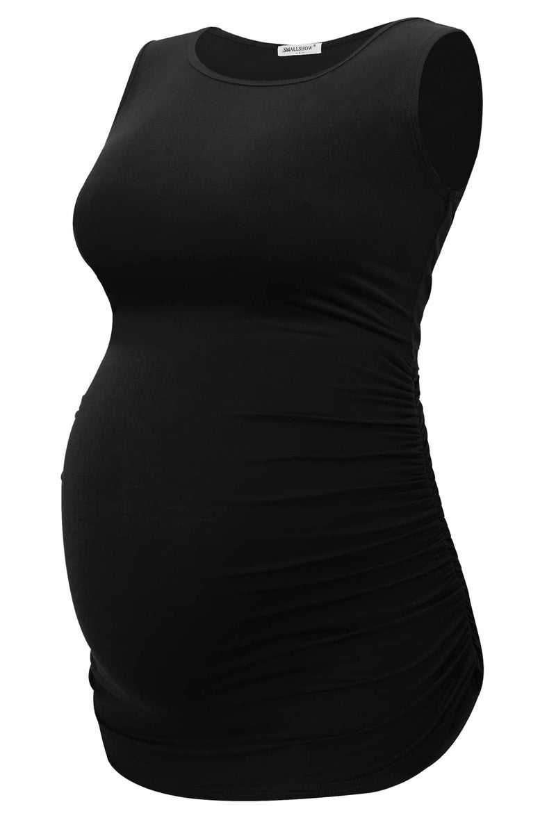 Smallshow Women's Maternity Tank Tops Sleeveless Ruched Pregnancy Clothes Black/Navy/Wine Medium 3-Pack - Image 2